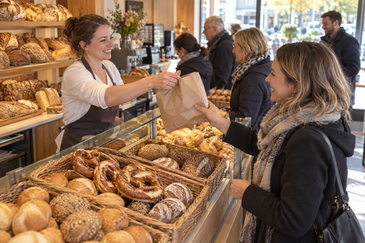 Verkäuferin reicht einer Kundin an der Verkaufstheke einer Bäckerei eine Papiertüte, im Vordergrund Brot und Brezeln in Körben