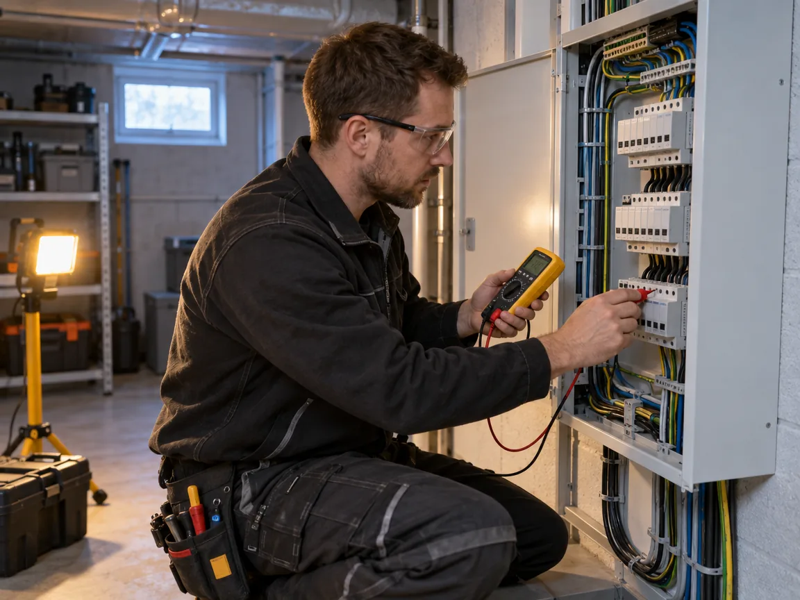 Elektriker misst mit einem Messgerät an einer geöffneten Unterverteilung im Keller