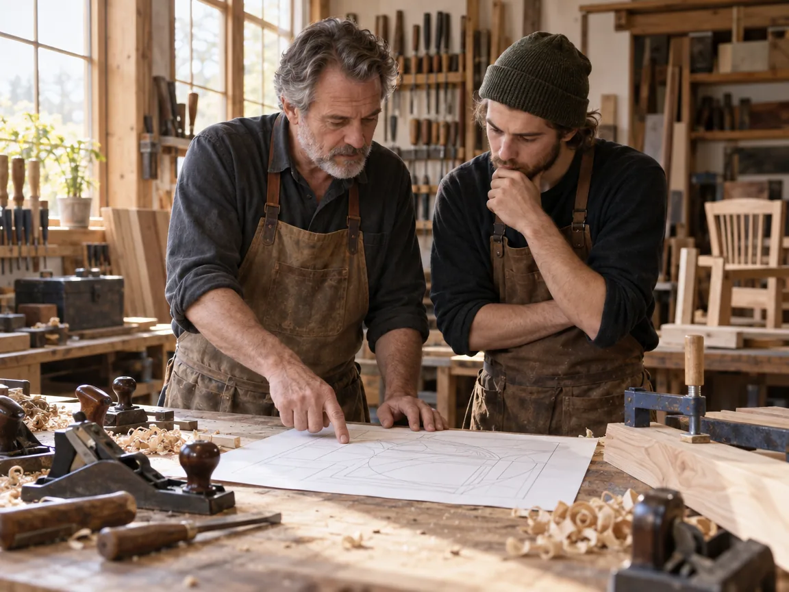 Tischlermeister und Geselle besprechen an der Werkbank einen Plan auf Papier, ringsum Hobelspäne und Werkzeug