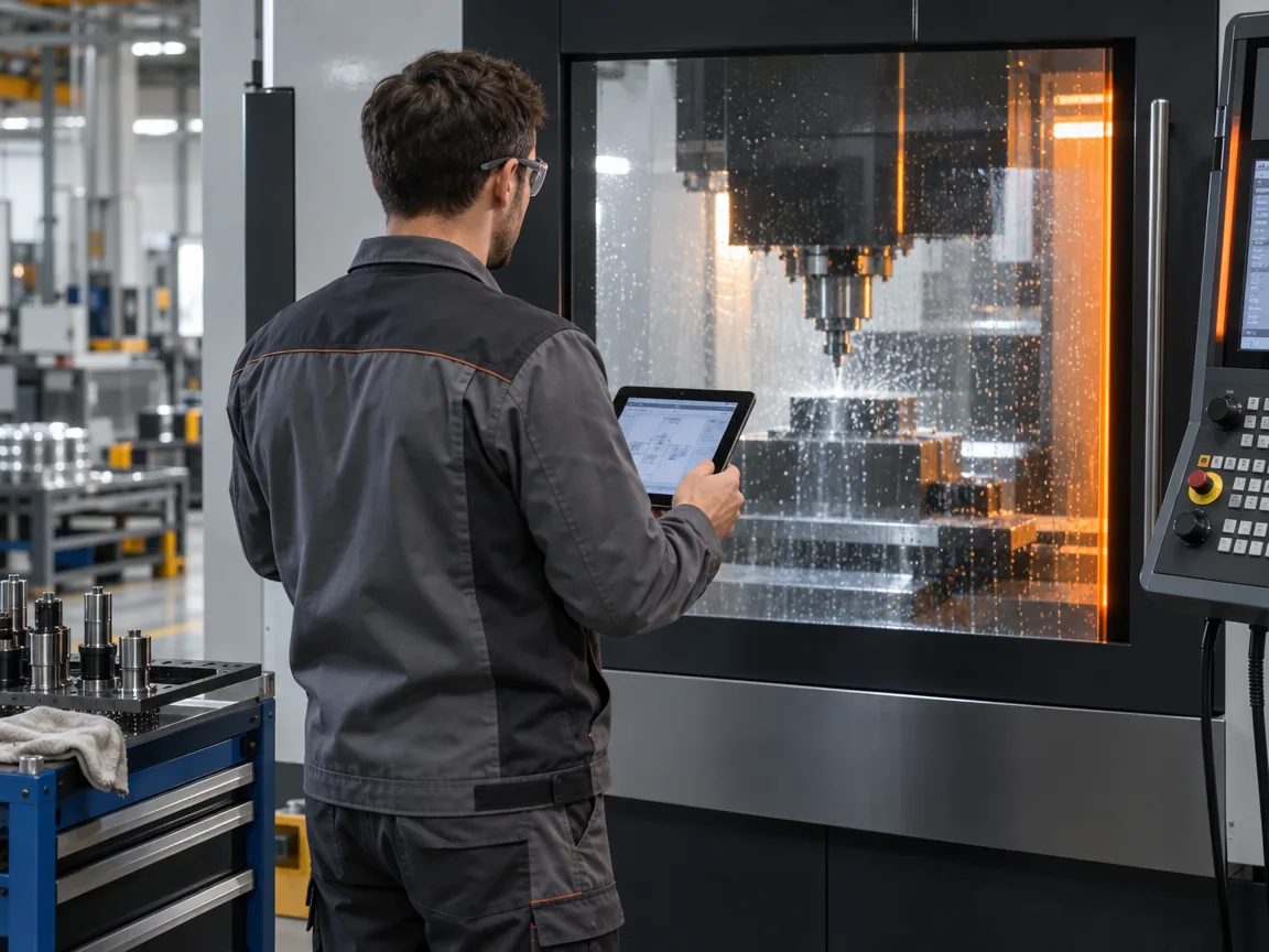 Servicetechniker mit Tablet vor einer Werkzeugmaschine in einer Fertigungshalle