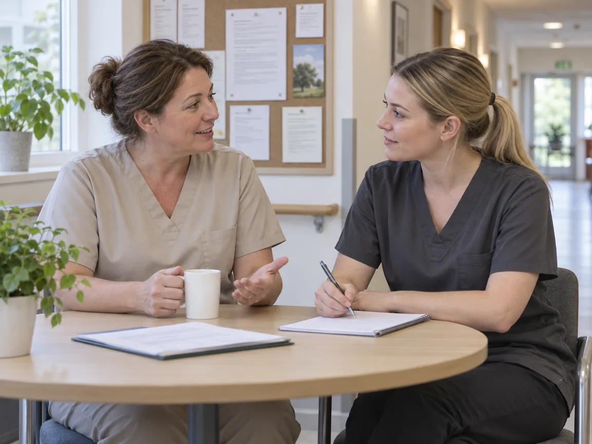 Zwei Pflegekräfte besprechen sich an einem Tisch im Dienstbereich einer Pflegeeinrichtung, dahinter ein Aushang an der Pinnwand
