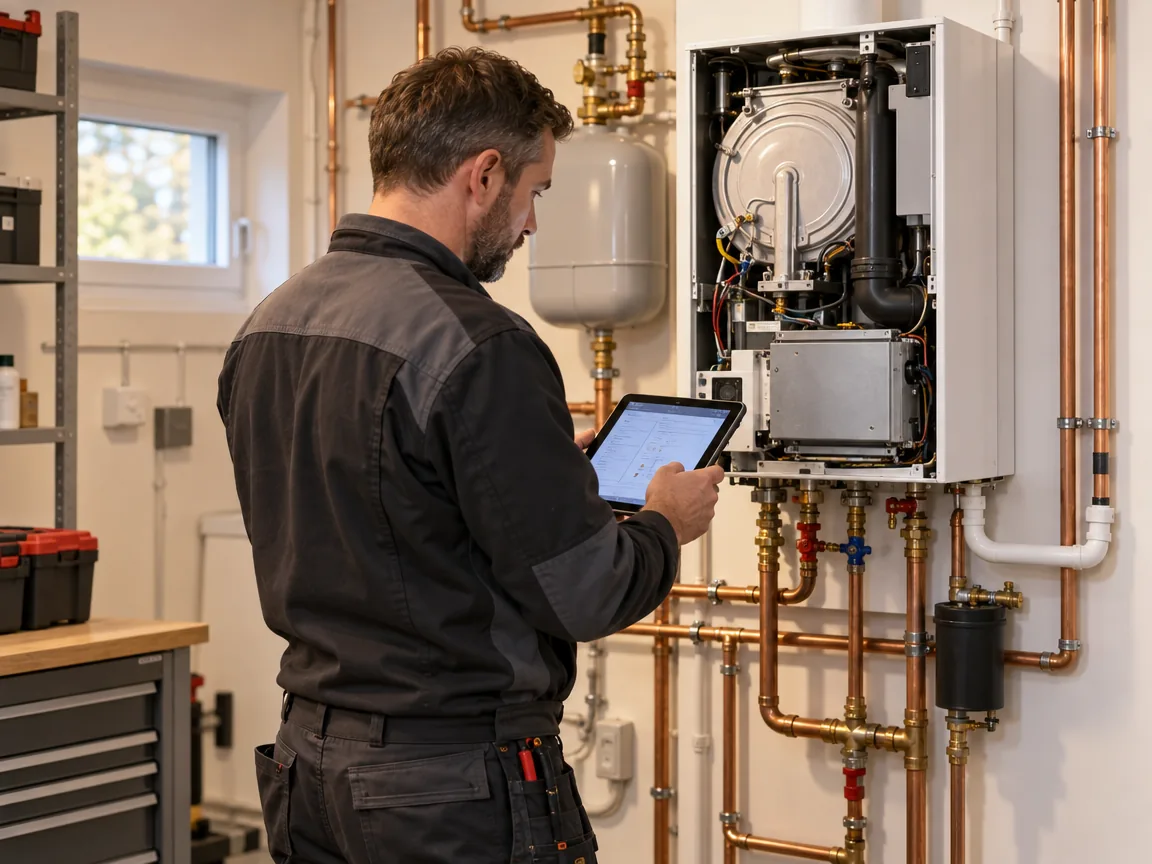 Heizungsbauer mit Tablet vor einem geöffneten Gas-Brennwertgerät in einem Heizungsraum
