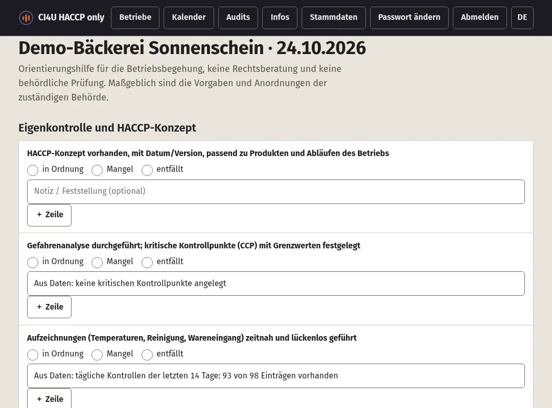 Audit-Vorlage im Berater-Portal mit Punkten in Ordnung, Mangel oder entfällt und übernommenen Hinweisen aus den Betriebsdaten