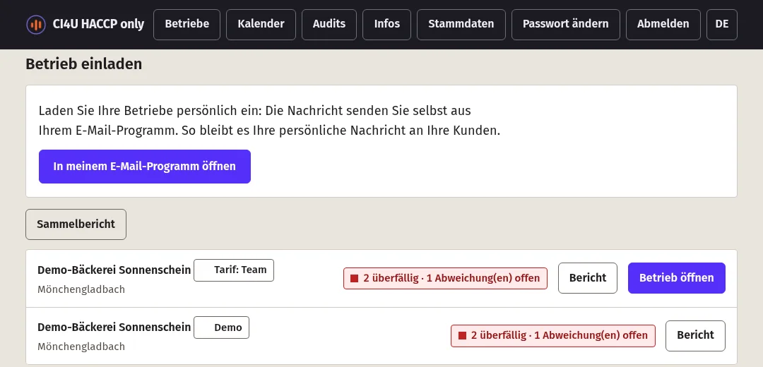 Berater-Portal: Liste der Betriebe mit Tarif, Ampel, Bericht und Betrieb öffnen