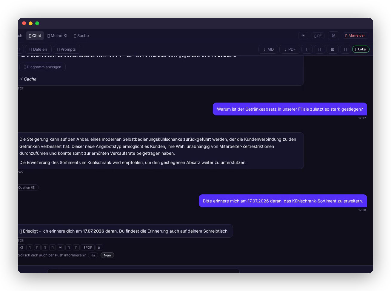 Chat-Antwort mit sichtbarer Quellenangabe