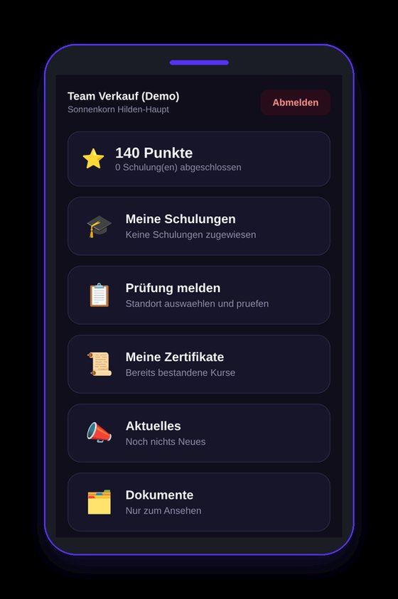 CI4U Frontline-Portal auf dem Smartphone: Schulungen, Pruefung melden, Zertifikate